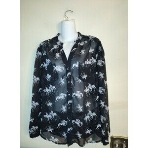 Womens Honigman Semi Sheer Black Shirt & White Horses Over all Size 40